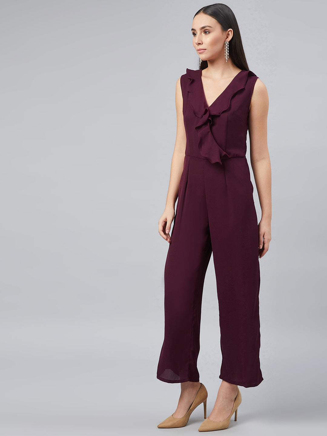 Maroon Basic Jumpsuit with Ruffles