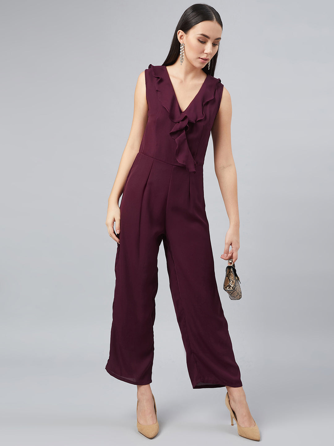 Maroon Basic Jumpsuit with Ruffles