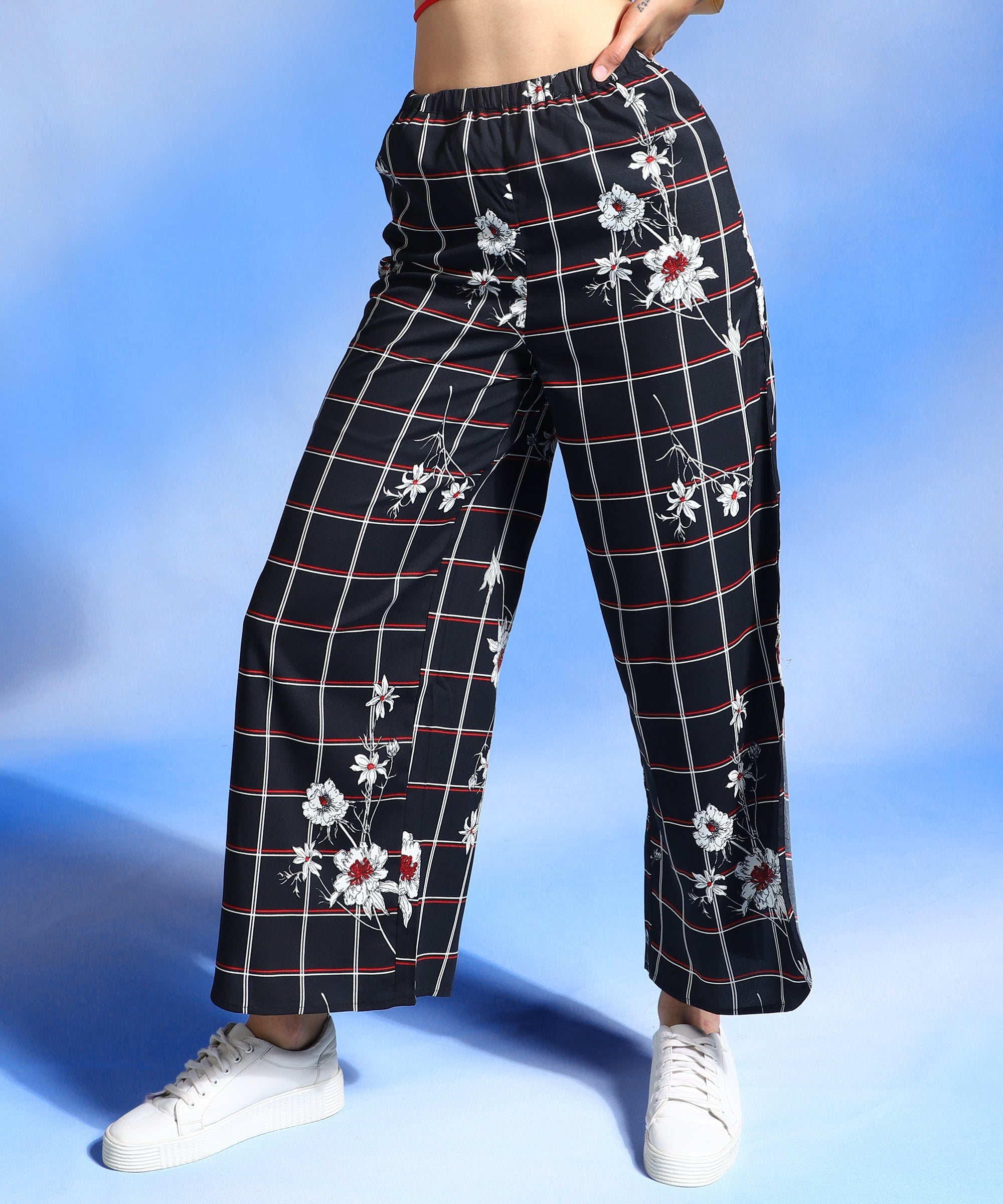 Black & White Flared Checked Parallel Trousers