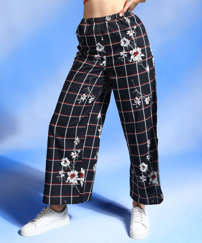 Women Black & White Flared Trousers