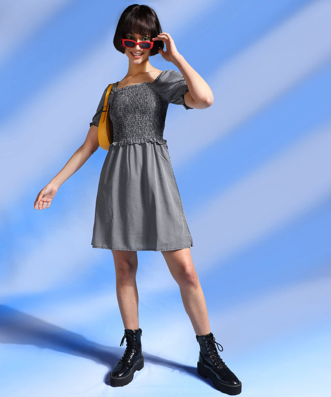 Women Black Knee Length Checked Dress