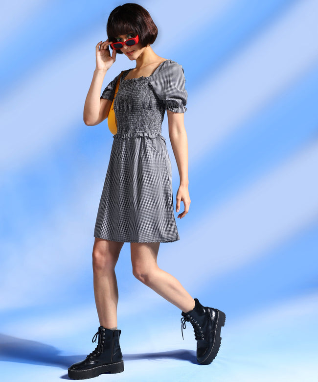 Women Black Knee Length Checked Dress
