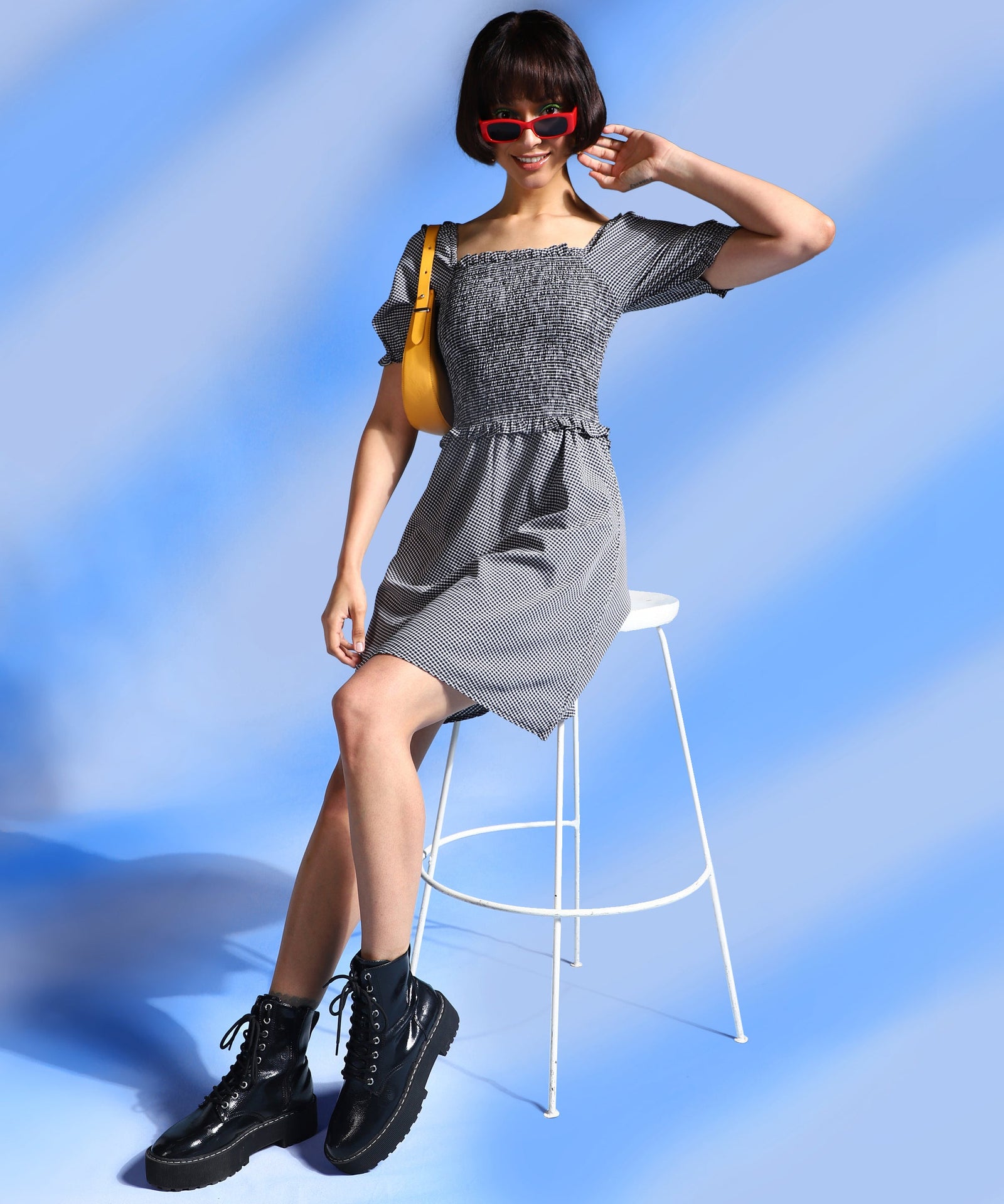 Black Knee Length Checked Dress