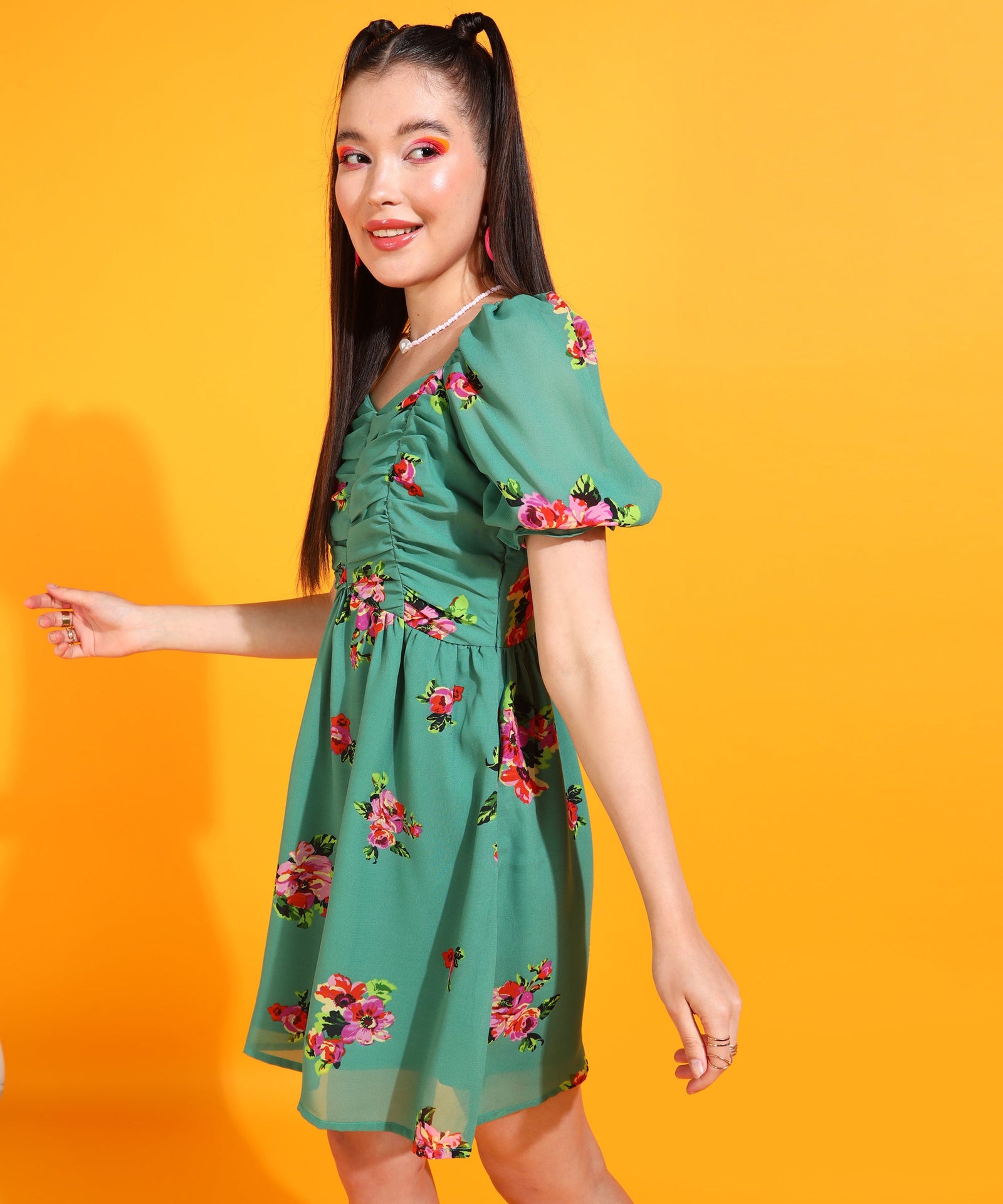 Green Above Knee Floral Dress