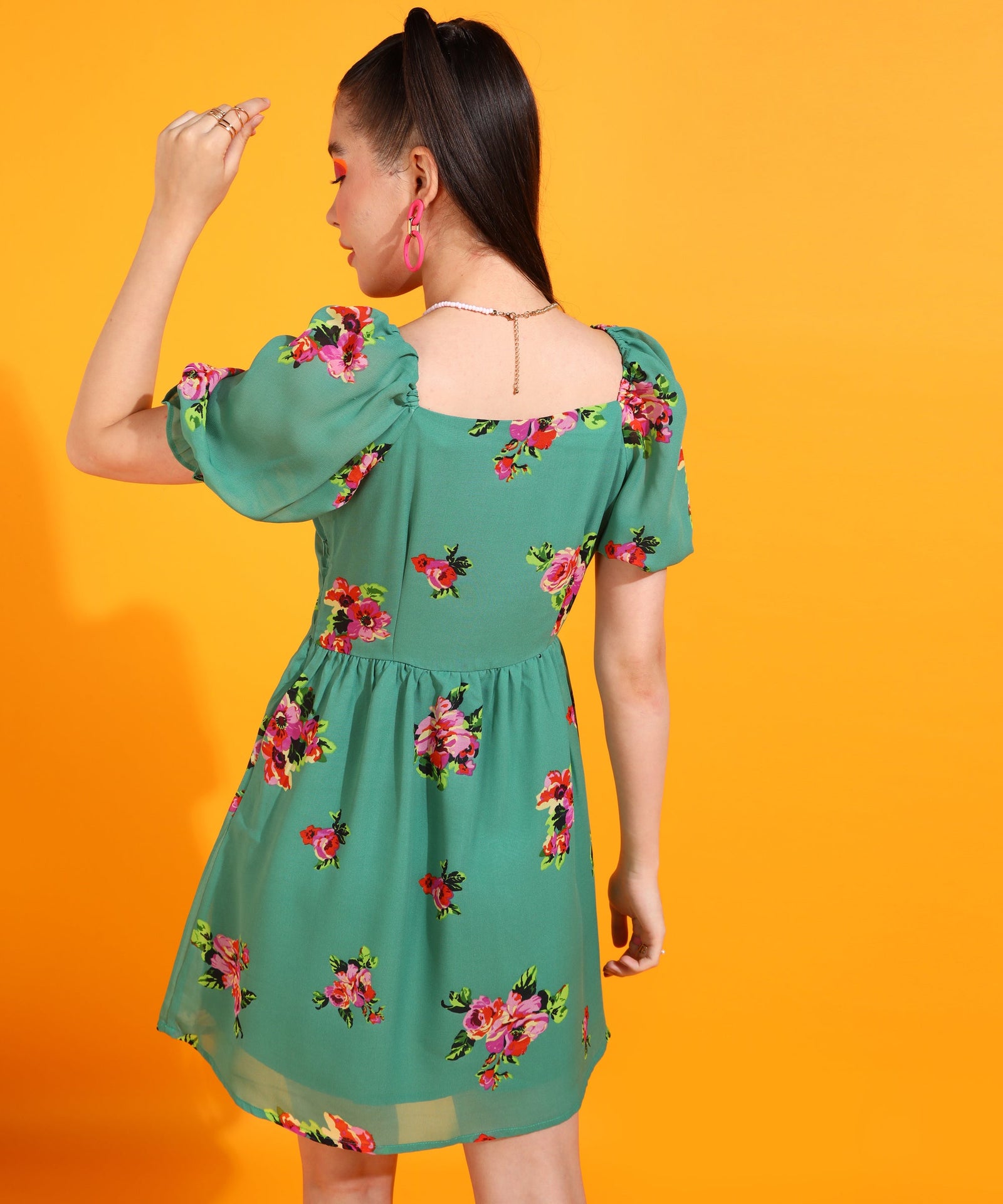 Green Above Knee Floral Dress