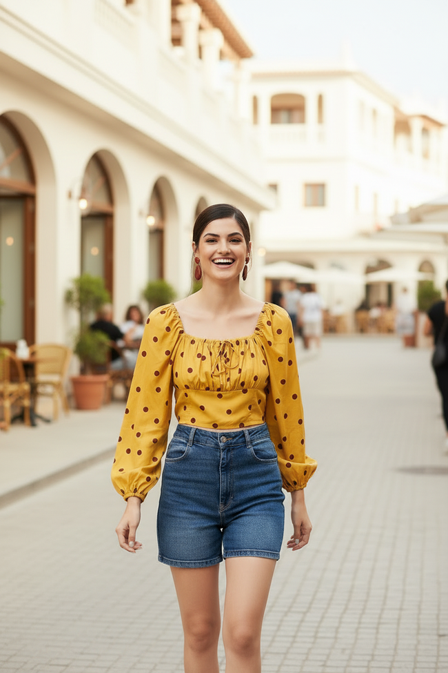 Women Square Neck Polka Dots Top