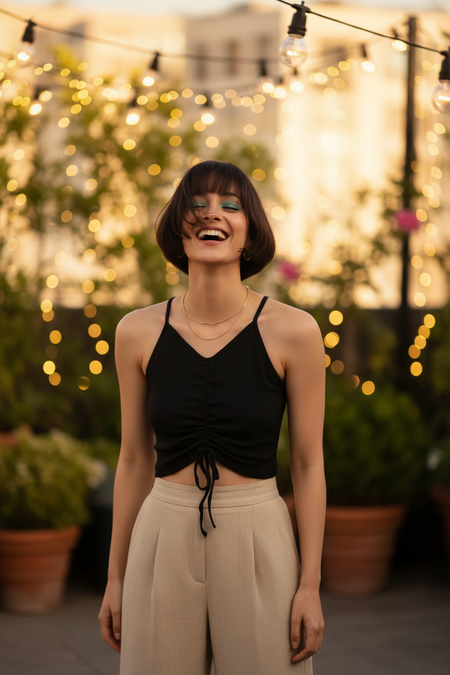 Women Black  V-Neck Fitted Top