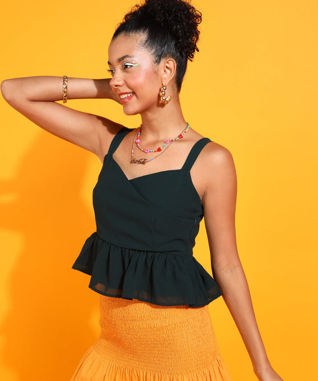 Women Green Neck Solid Peplum Top