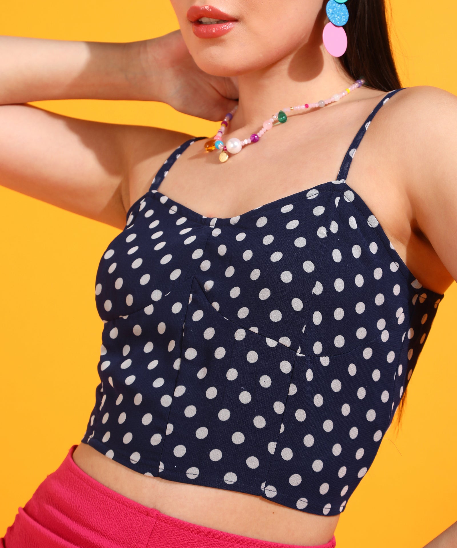 Women Navy Blue Colour Shoulder Straps Polka Dots Bralette Top