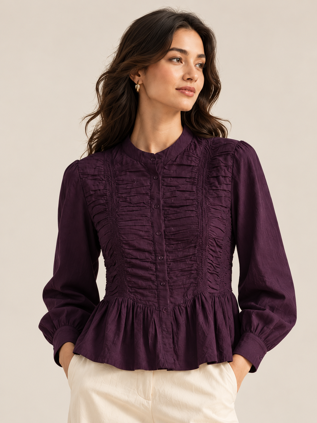Women Violet Ruffle Front Peplum Relaxed Top