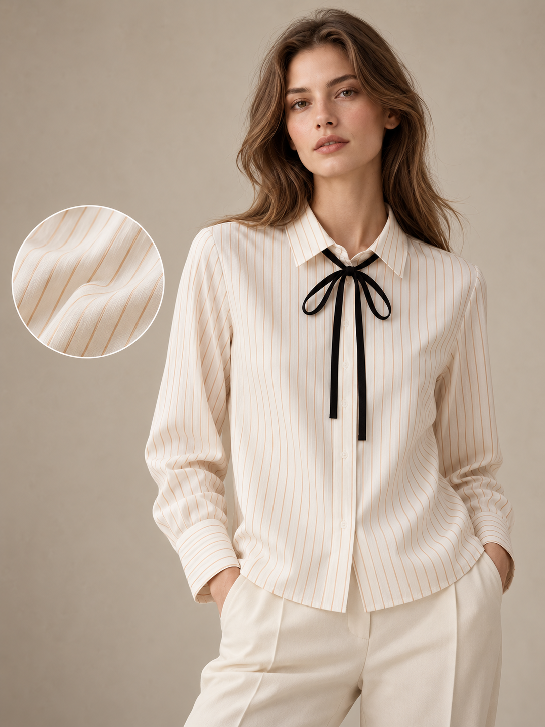 Women Soft Blush Pink Stripe Tie-Neck Shirt