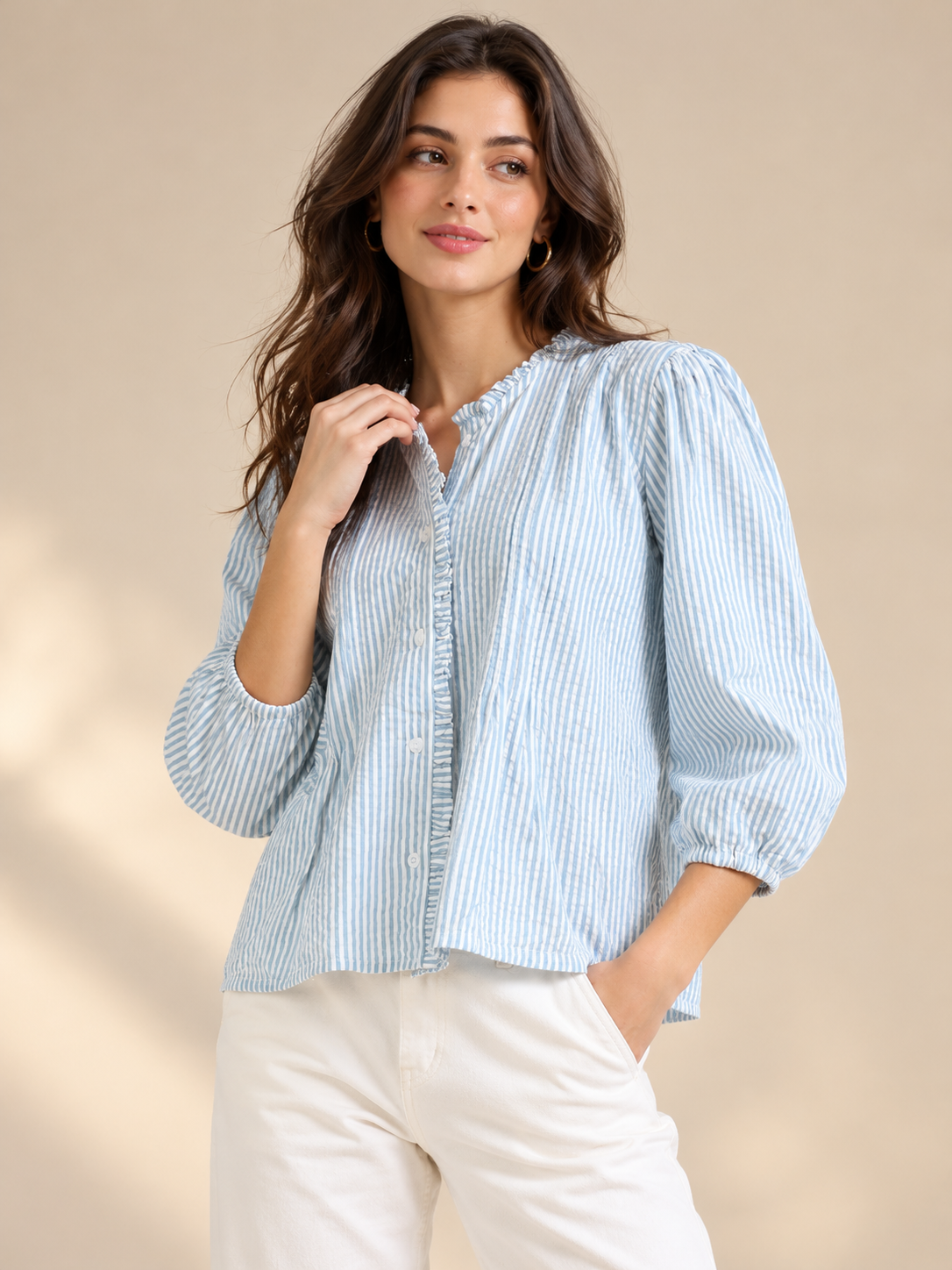 Women Pleated Stripe Shirt