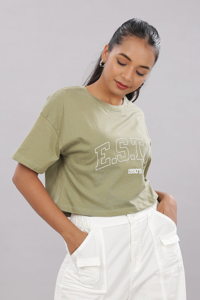 Women Printed Olive Cotton Tshirt