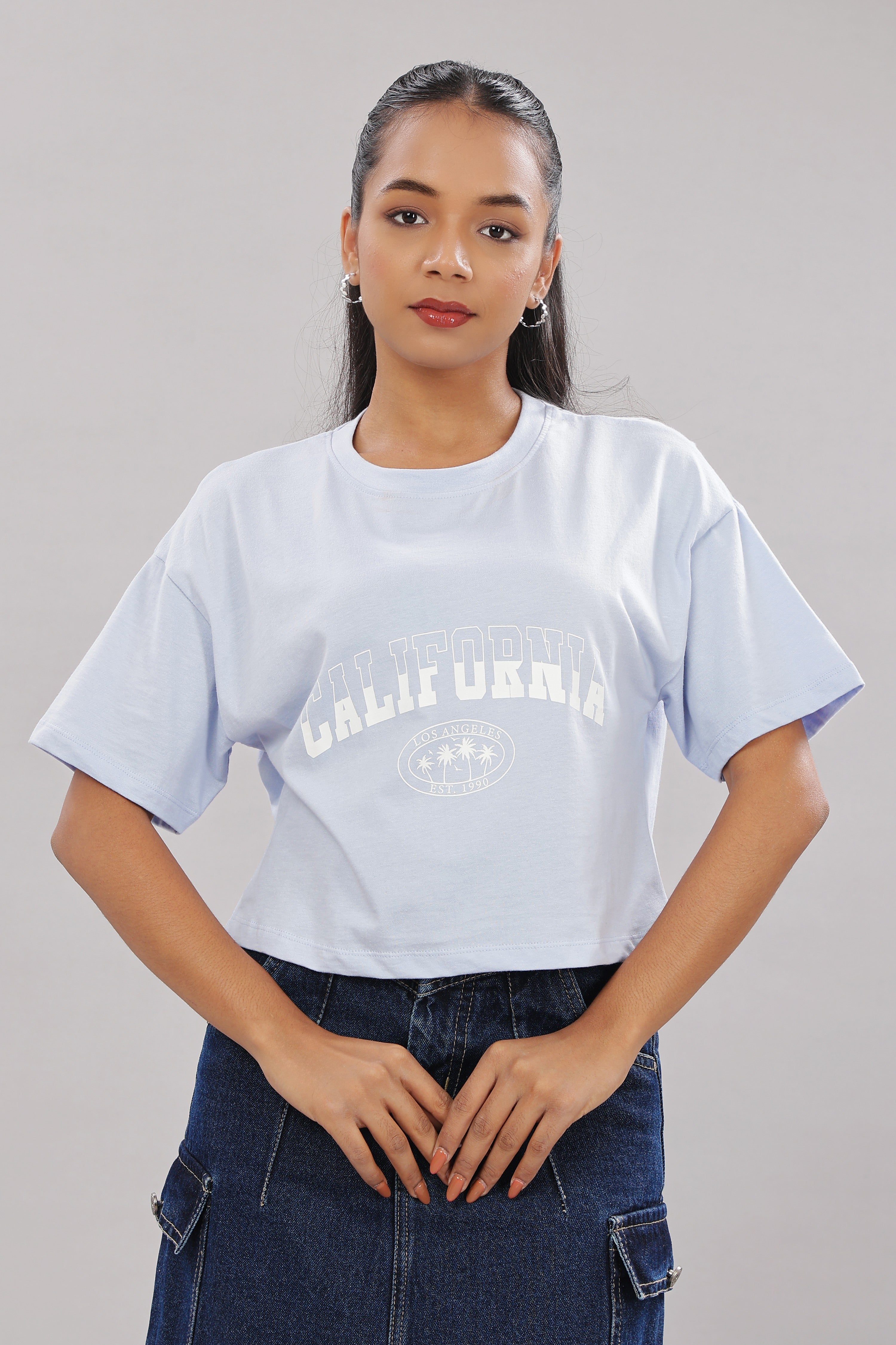 Women Printed Blue Cotton Tshirt
