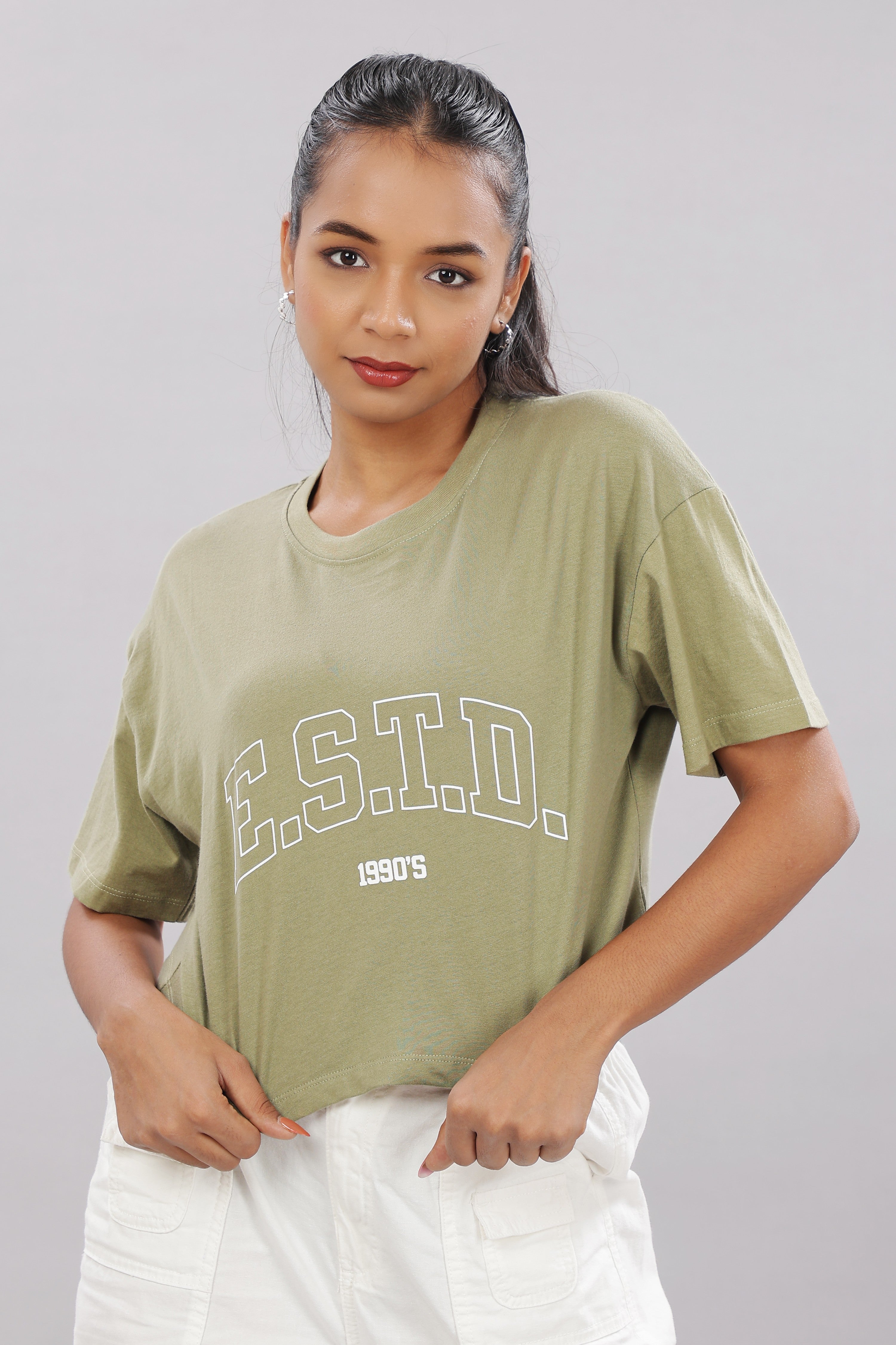 Women Printed Olive Cotton Tshirt
