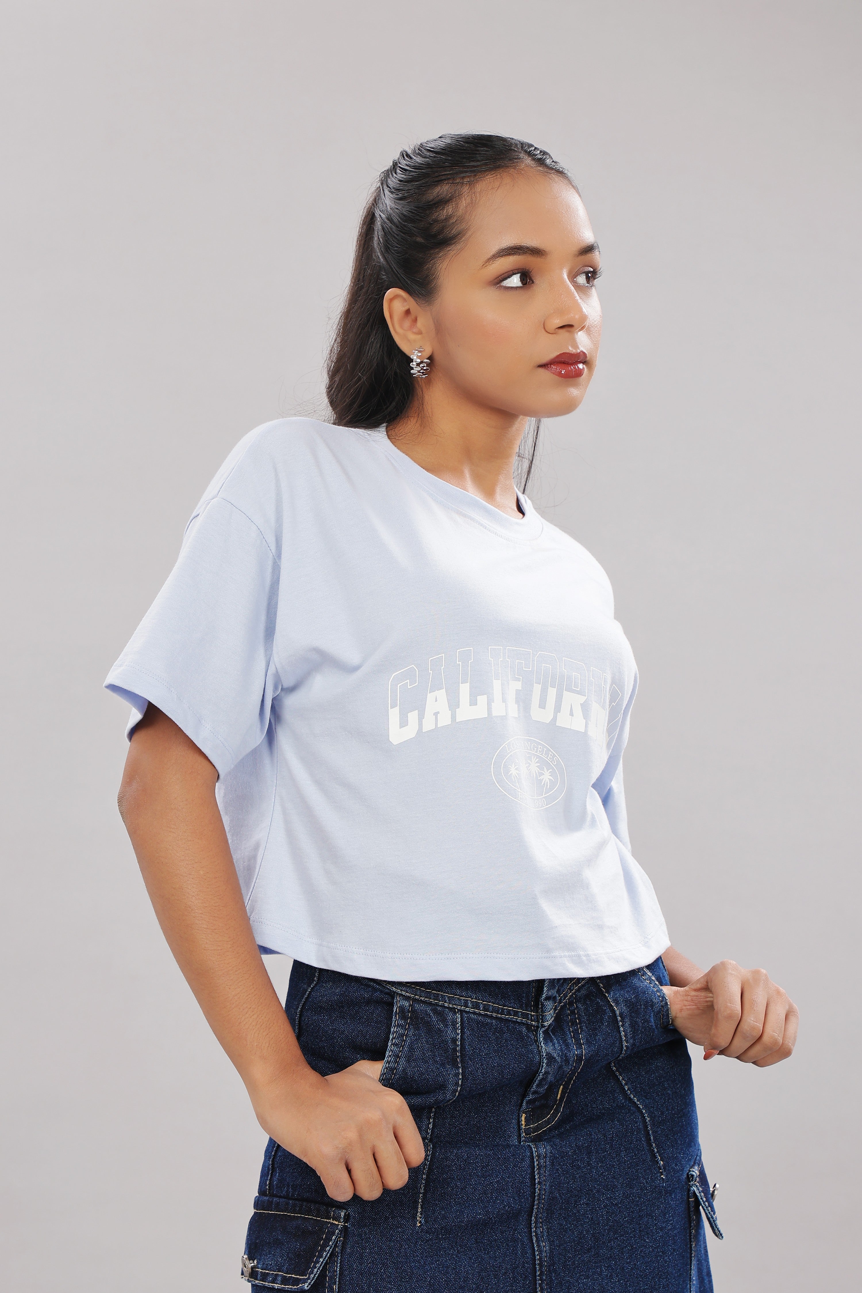 Women Printed Blue Cotton Tshirt