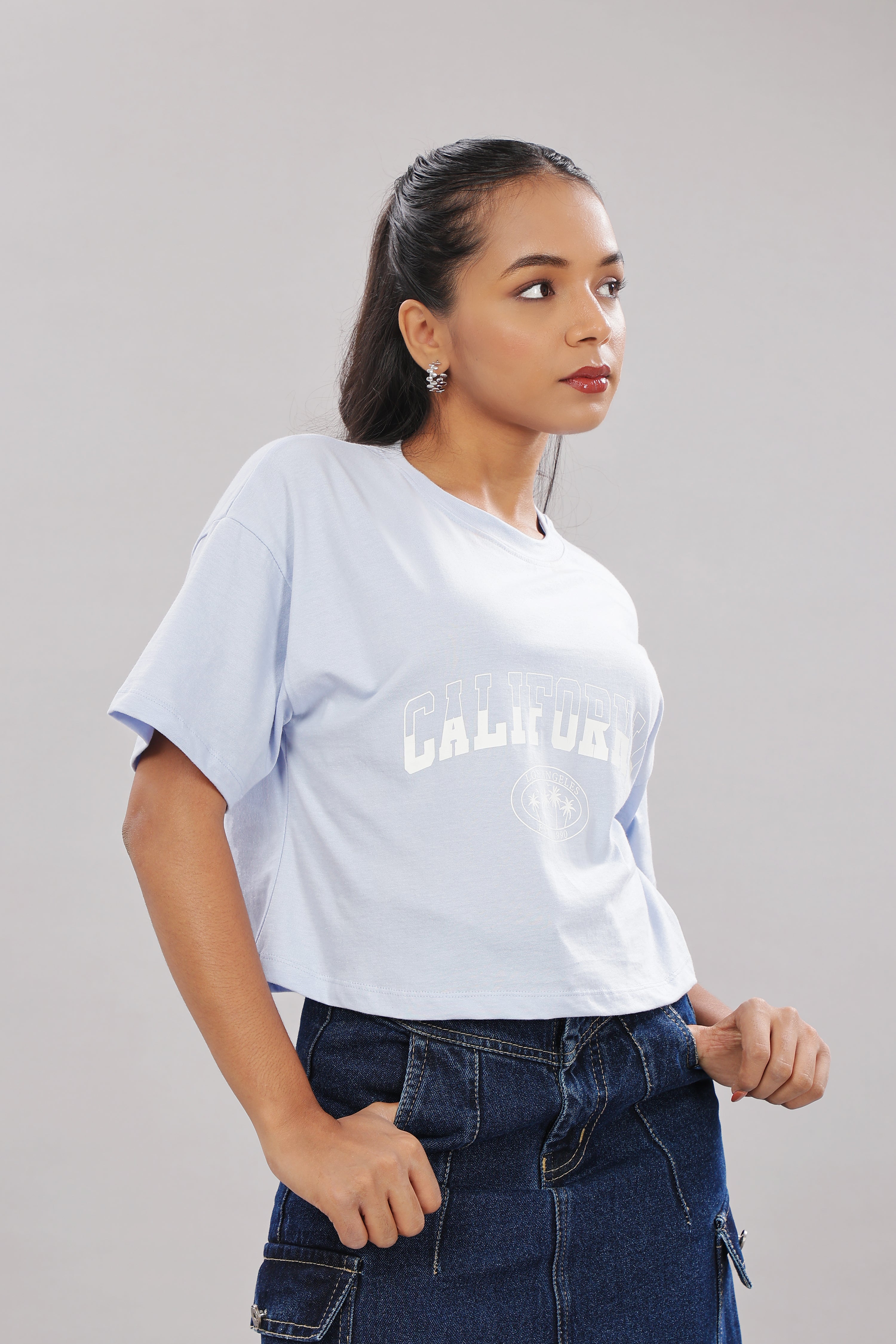 Womens Blue Printed Cotton Regular Top