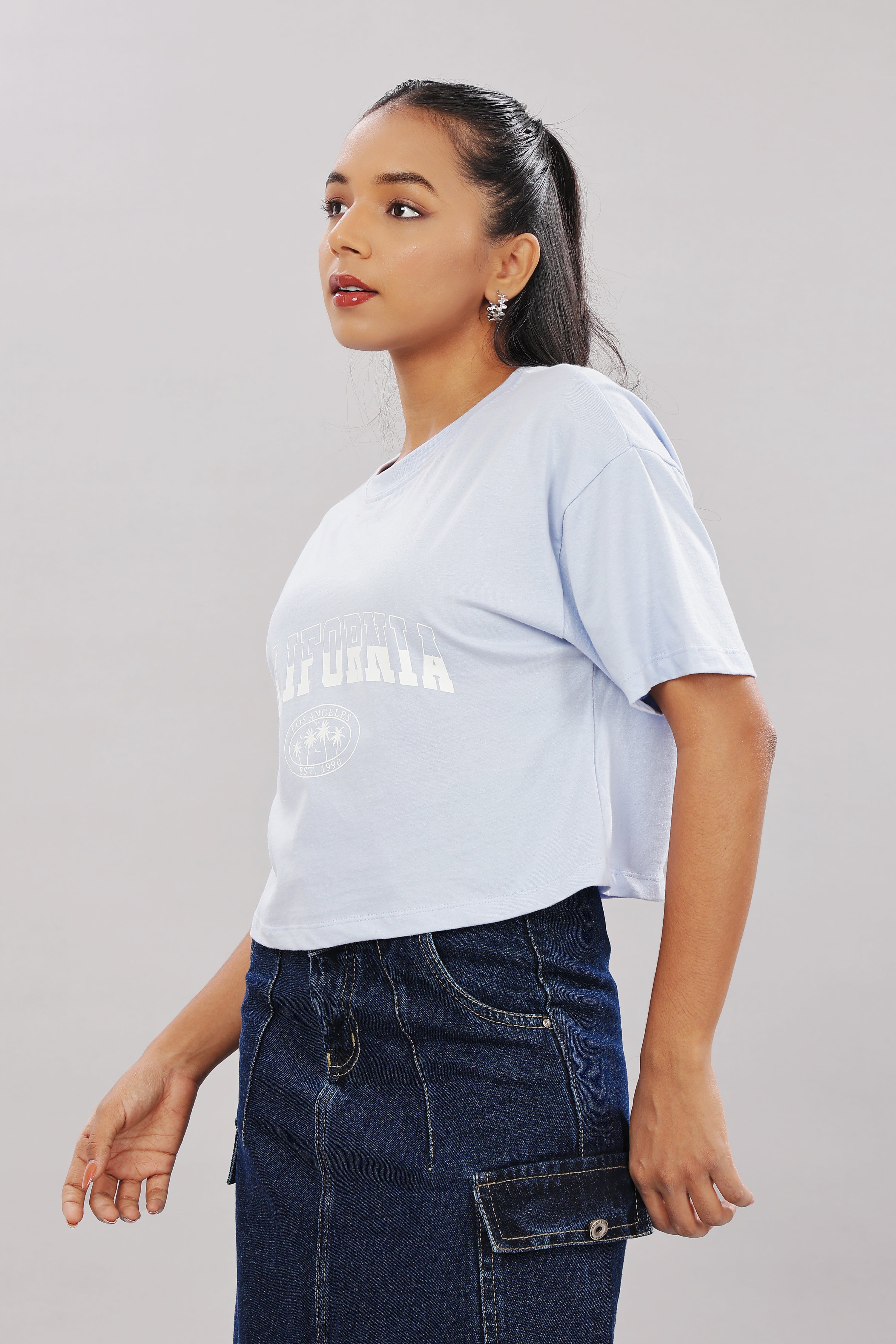 Womens Blue Printed Cotton Regular Top