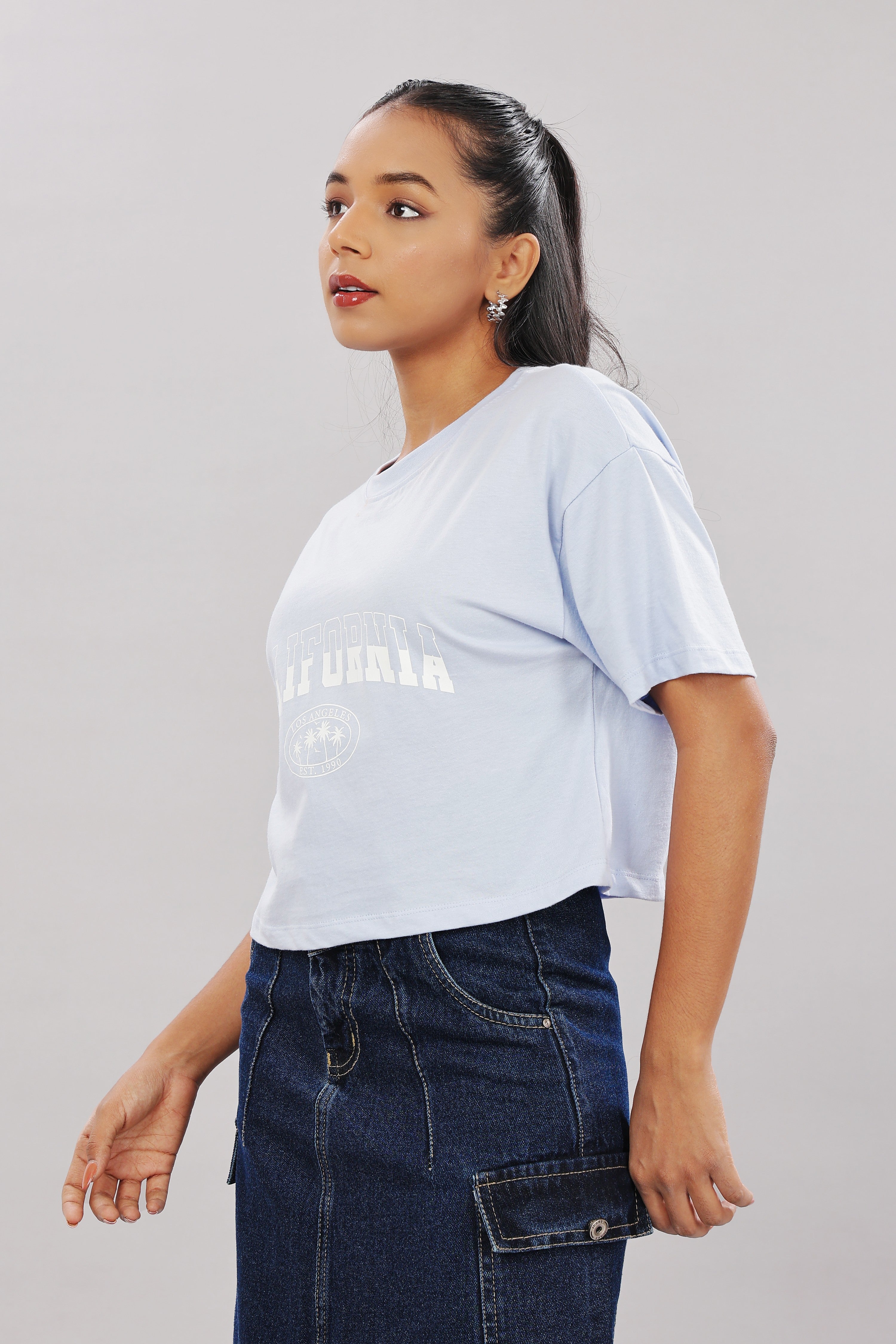 Women Printed Blue Cotton Tshirt