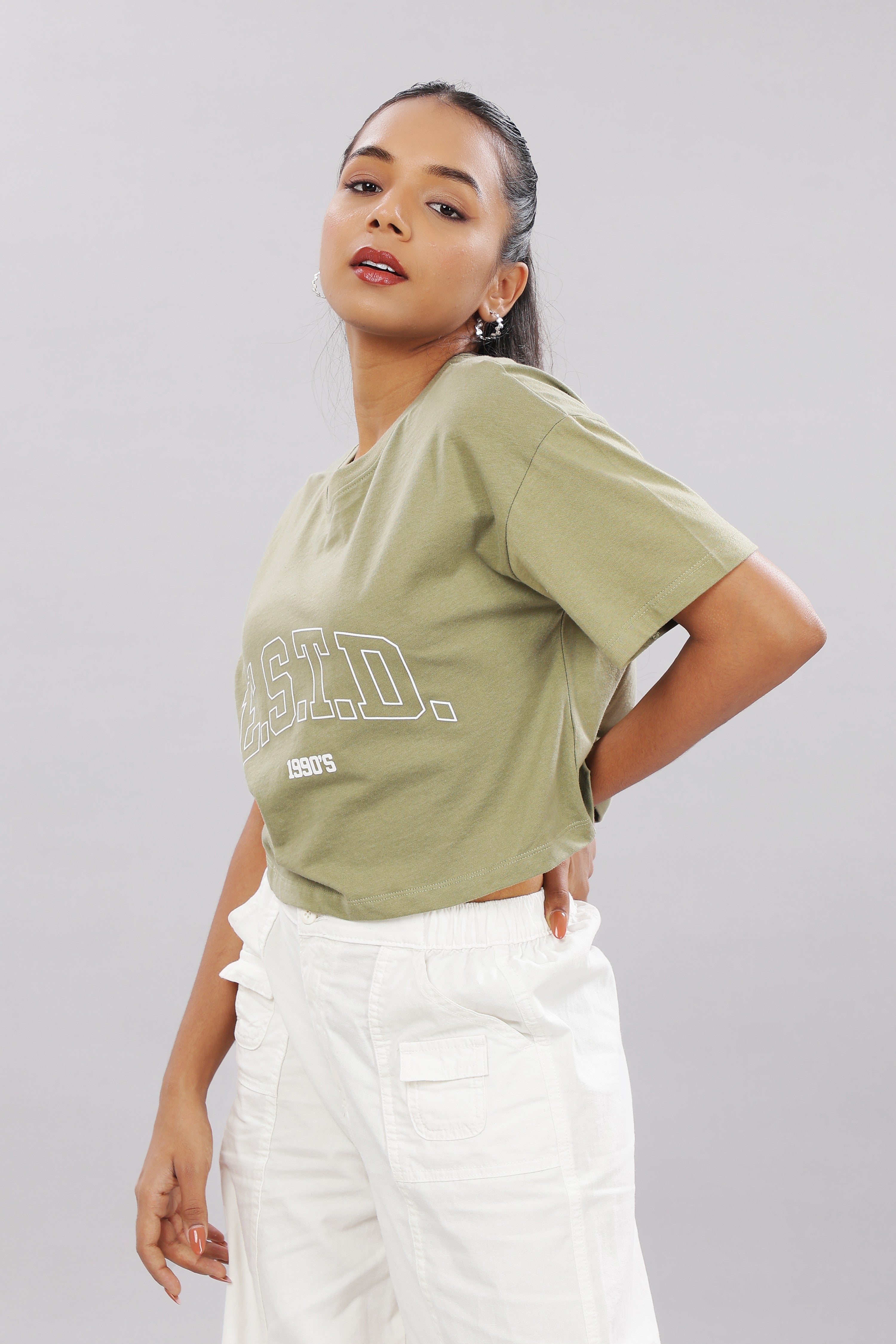 Women Printed Olive Cotton Tshirt
