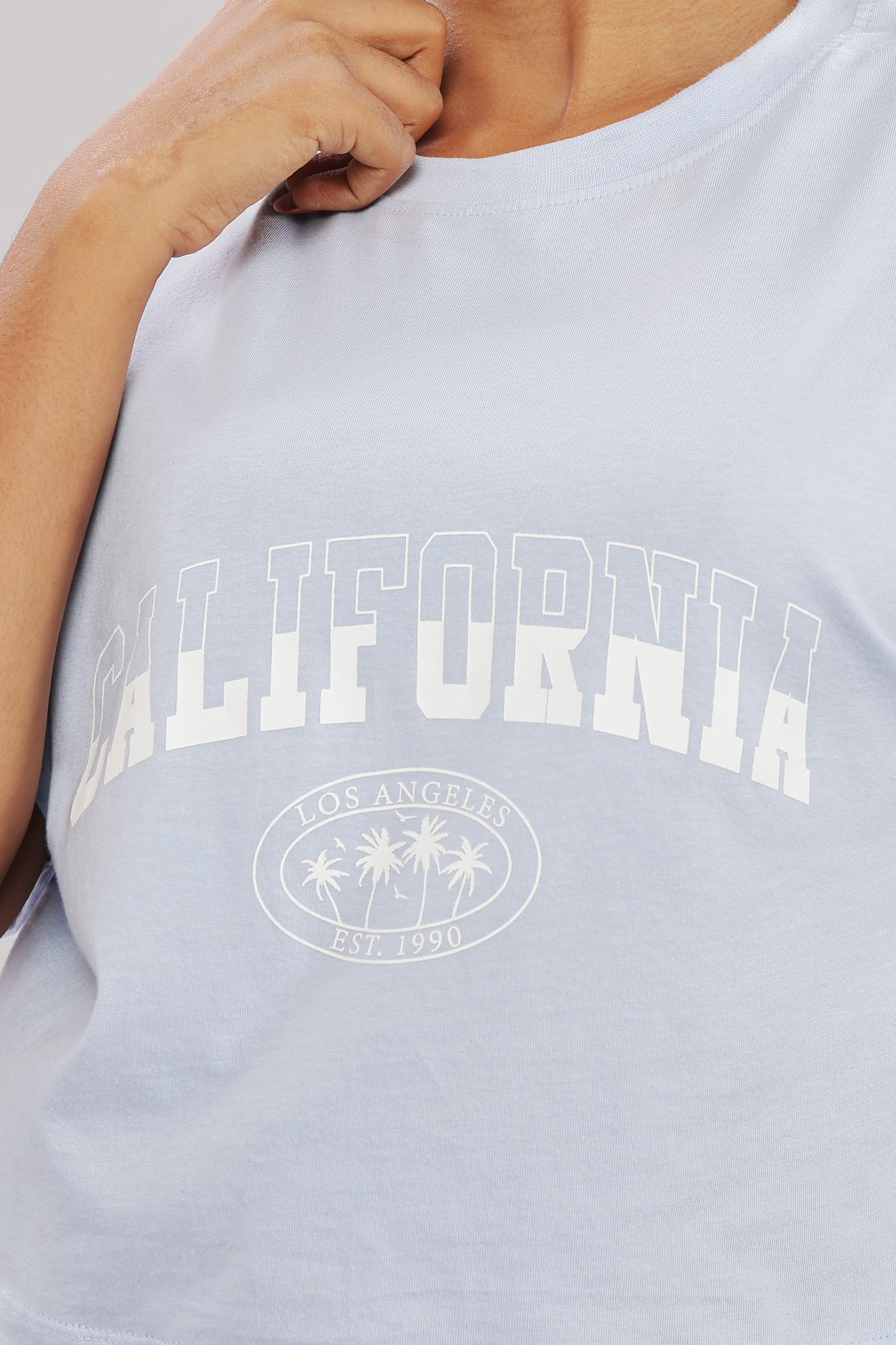 Women Printed Blue Cotton Tshirt