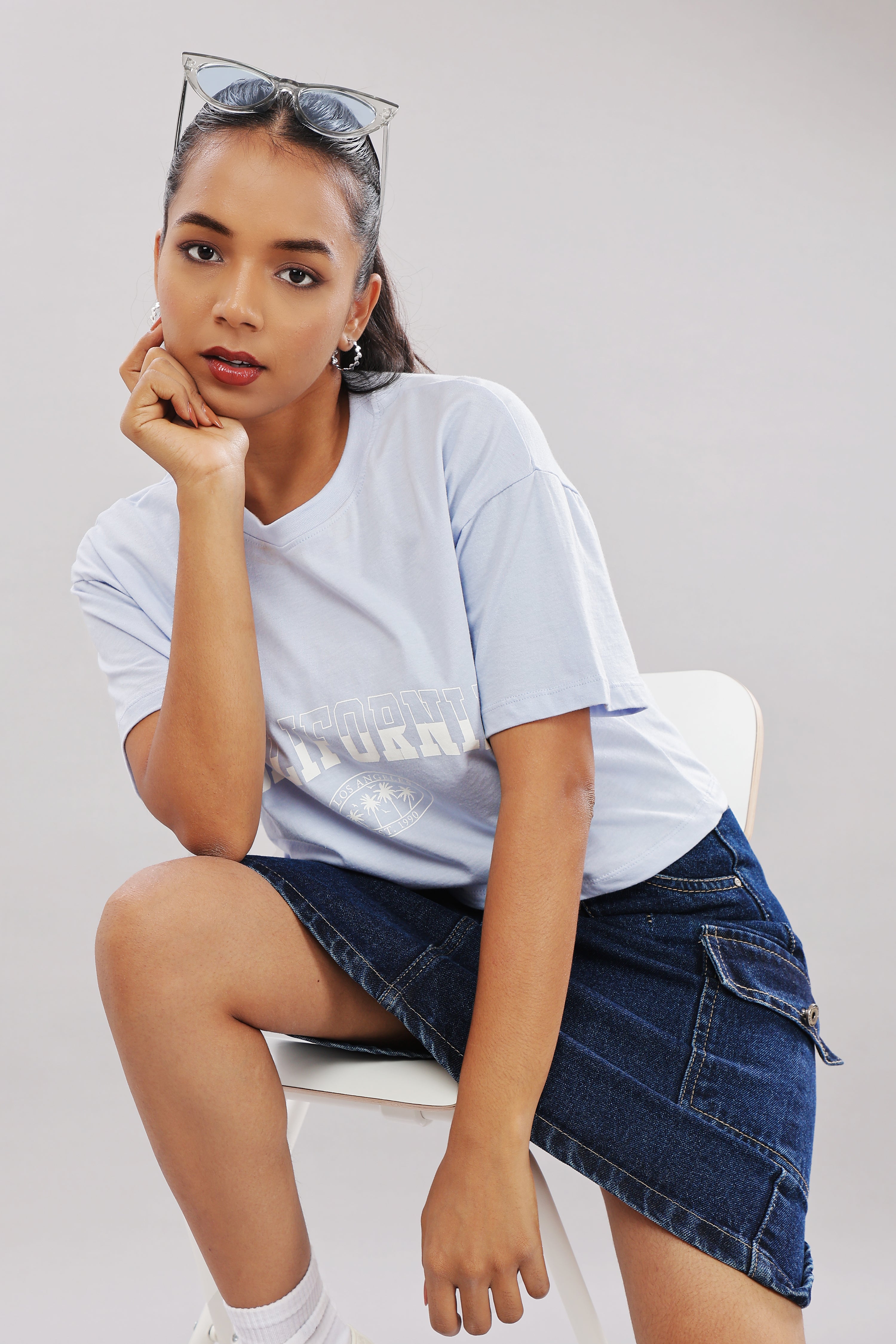 Womens Blue Printed Cotton Regular Top