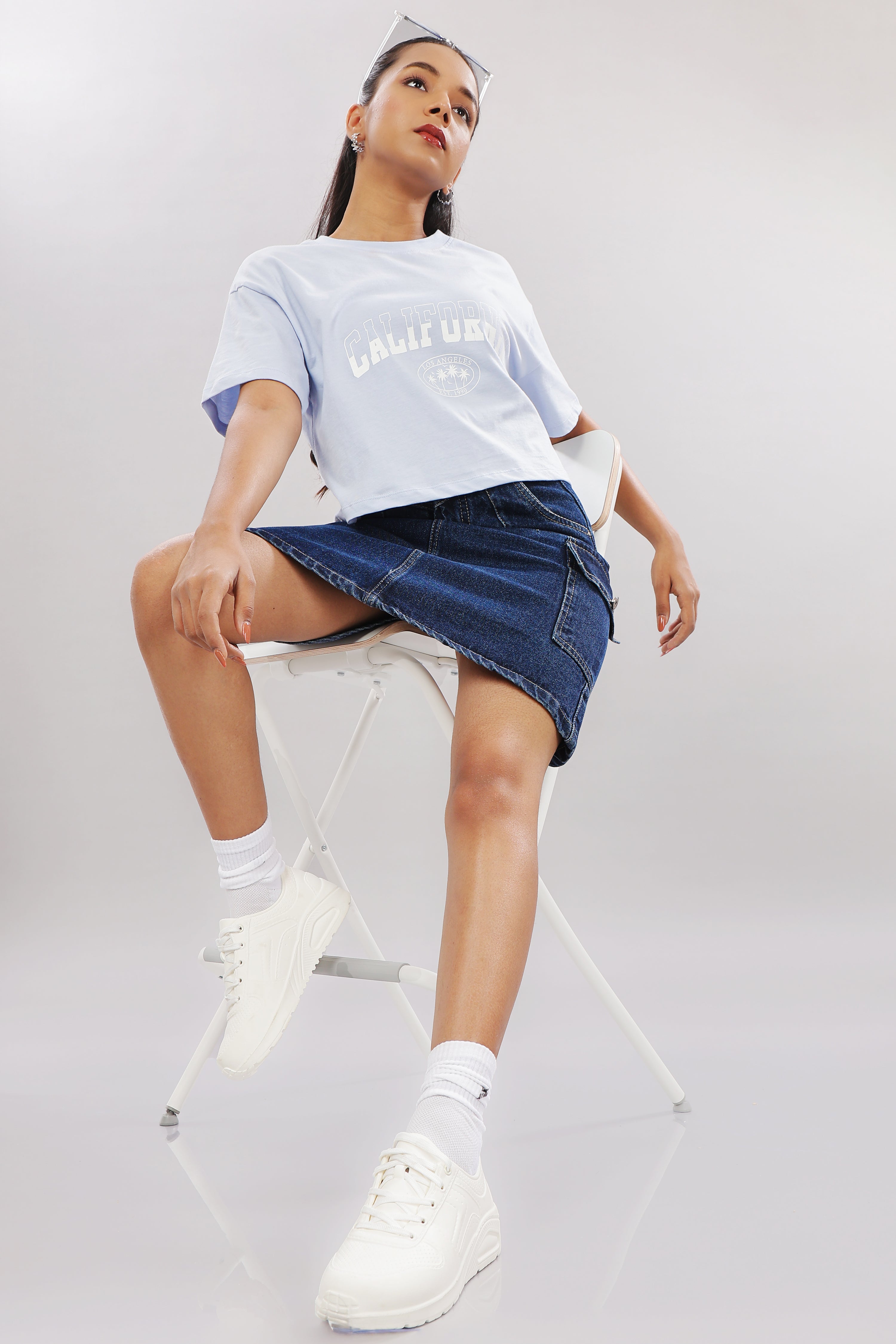 Womens Blue Printed Cotton Regular Top