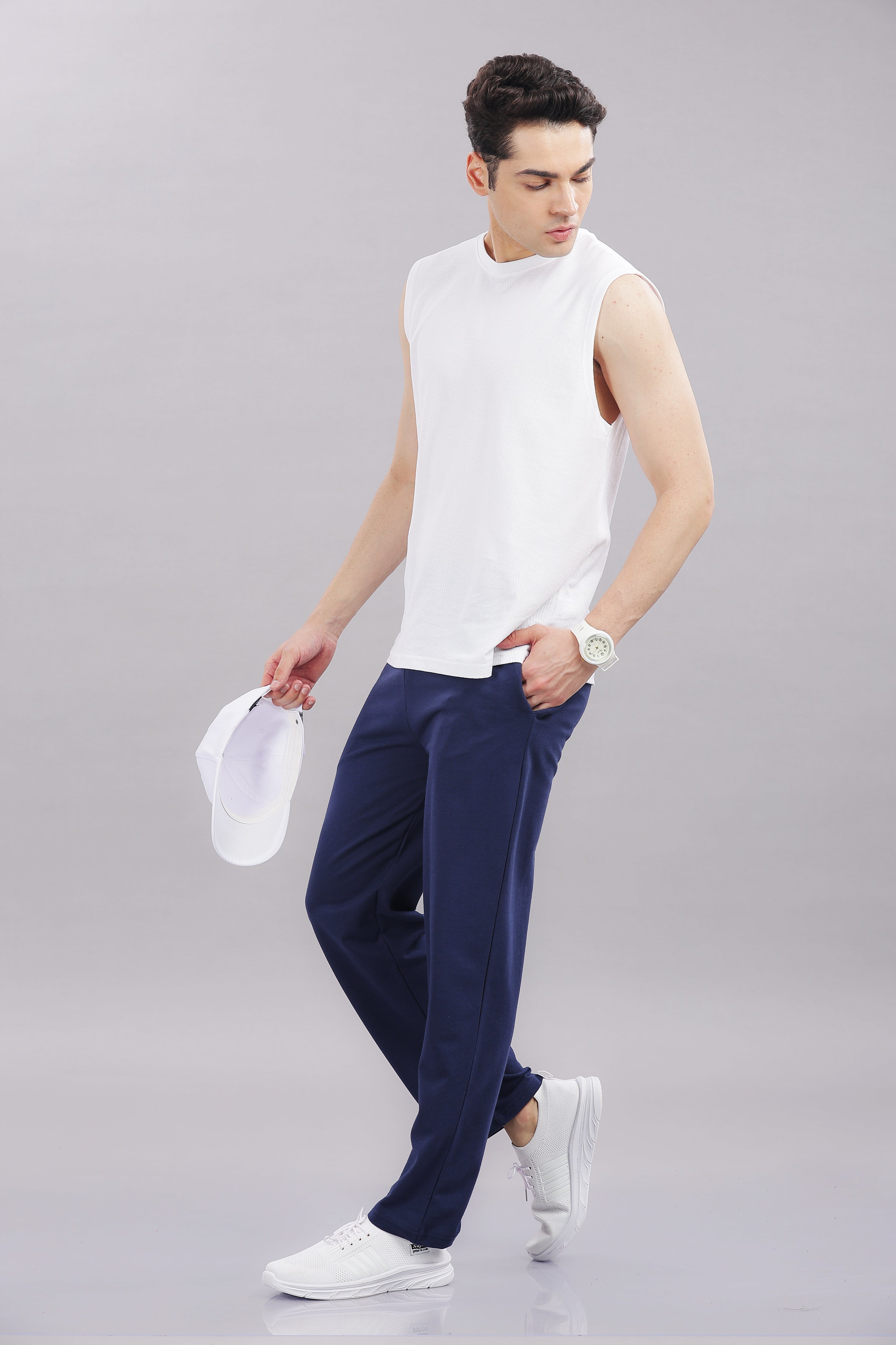 Mens Navy Cotton Regular Track Pant