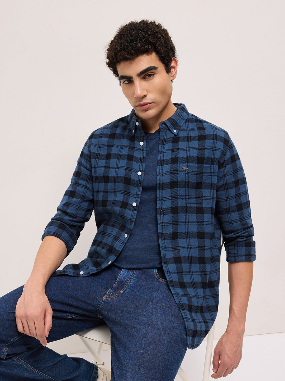 Men Blue Checked Shirt