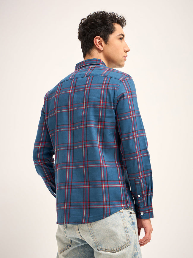 Men Blue Checked Slim Fit Casual Shirt