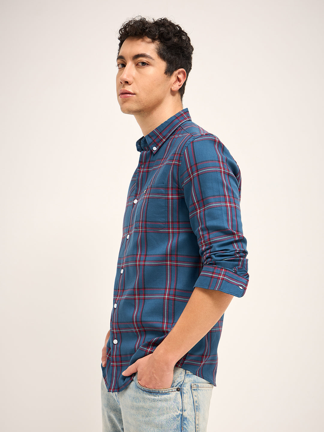 Men Blue Checked Slim Fit Casual Shirt