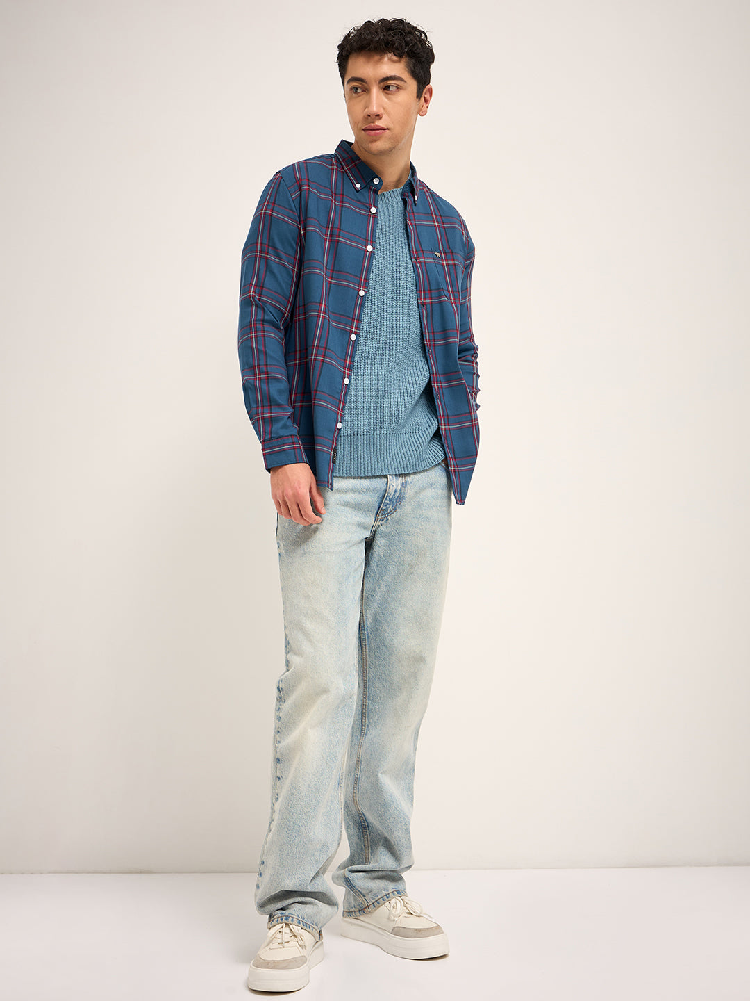 Men Blue Checked Slim Fit Casual Shirt