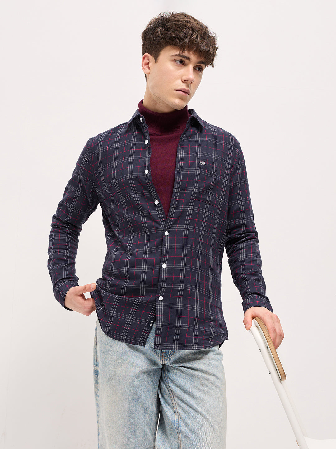 Men Navy Checked Slim Fit Casual Shirt