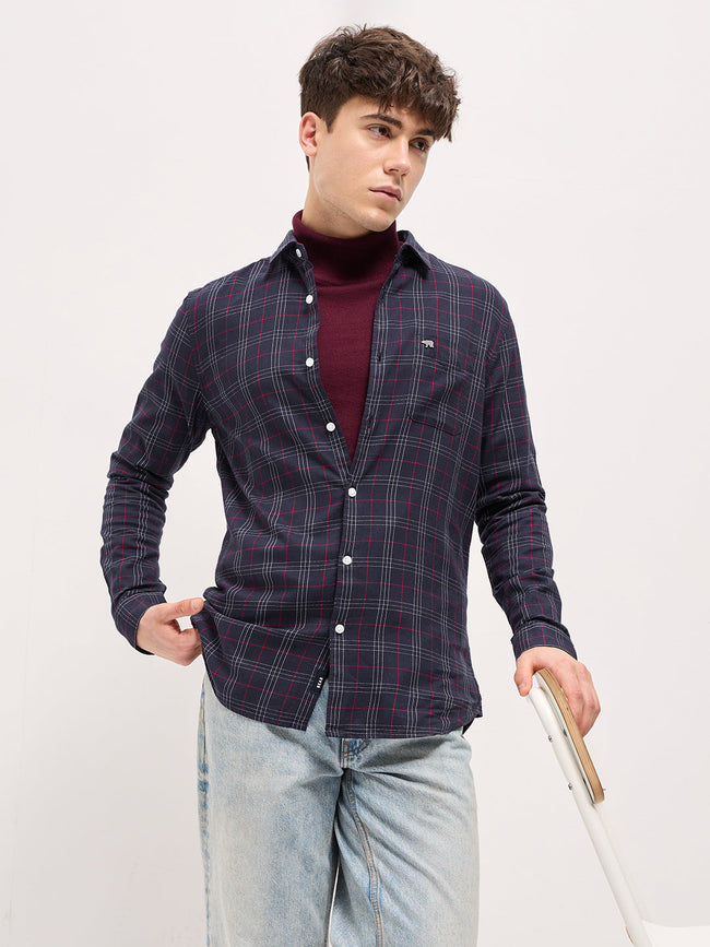 Men Navy Checked Slim Fit Casual Shirt