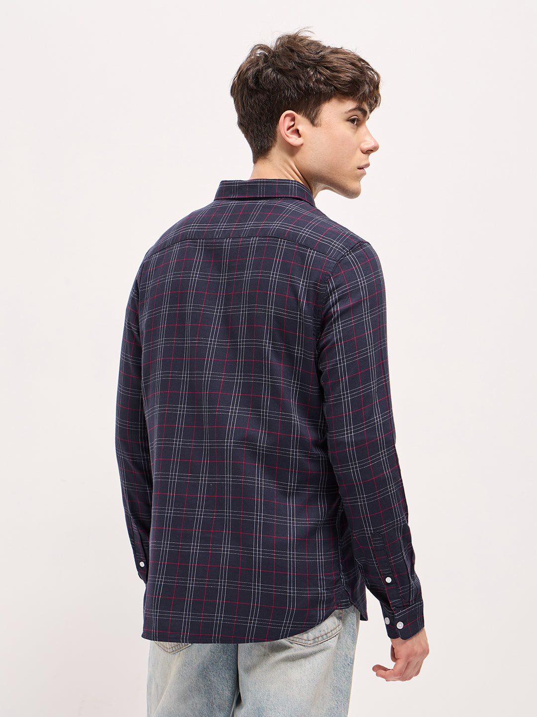 Men Navy Checked Slim Fit Casual Shirt