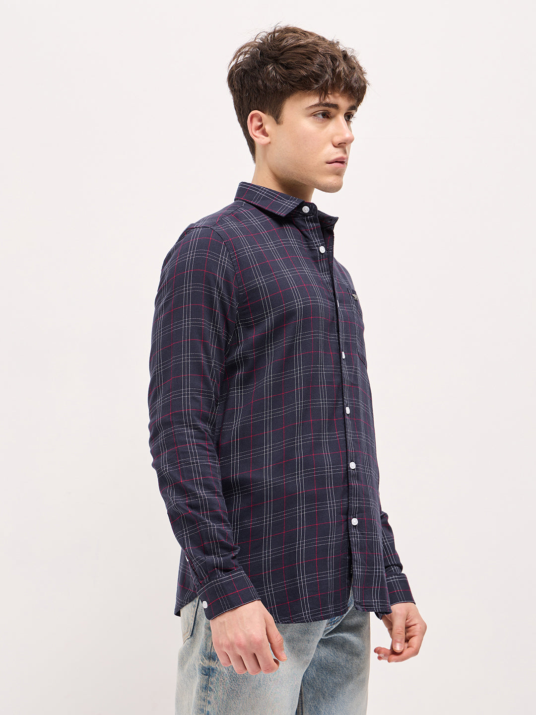 Men Navy Checked Slim Fit Casual Shirt
