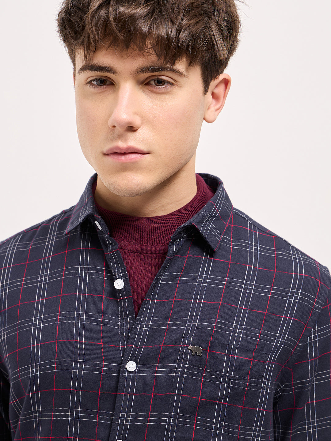 Men Navy Checked Slim Fit Casual Shirt