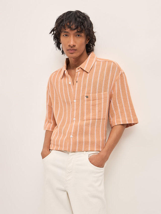 Men Peach Vertical Textured Woven Stripe Relaxed Fit Casual Shirt