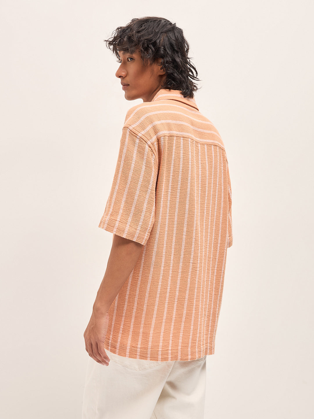 Men Peach Vertical Textured Woven Stripe Relaxed Fit Casual Shirt