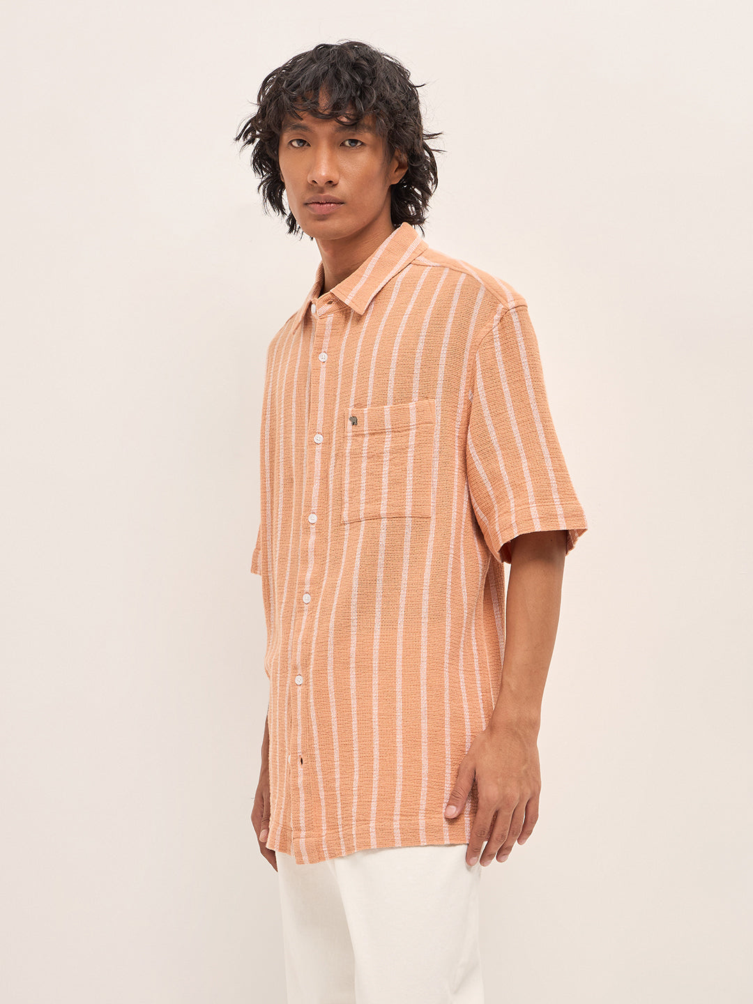 Men Peach Vertical Textured Woven Stripe Relaxed Fit Casual Shirt