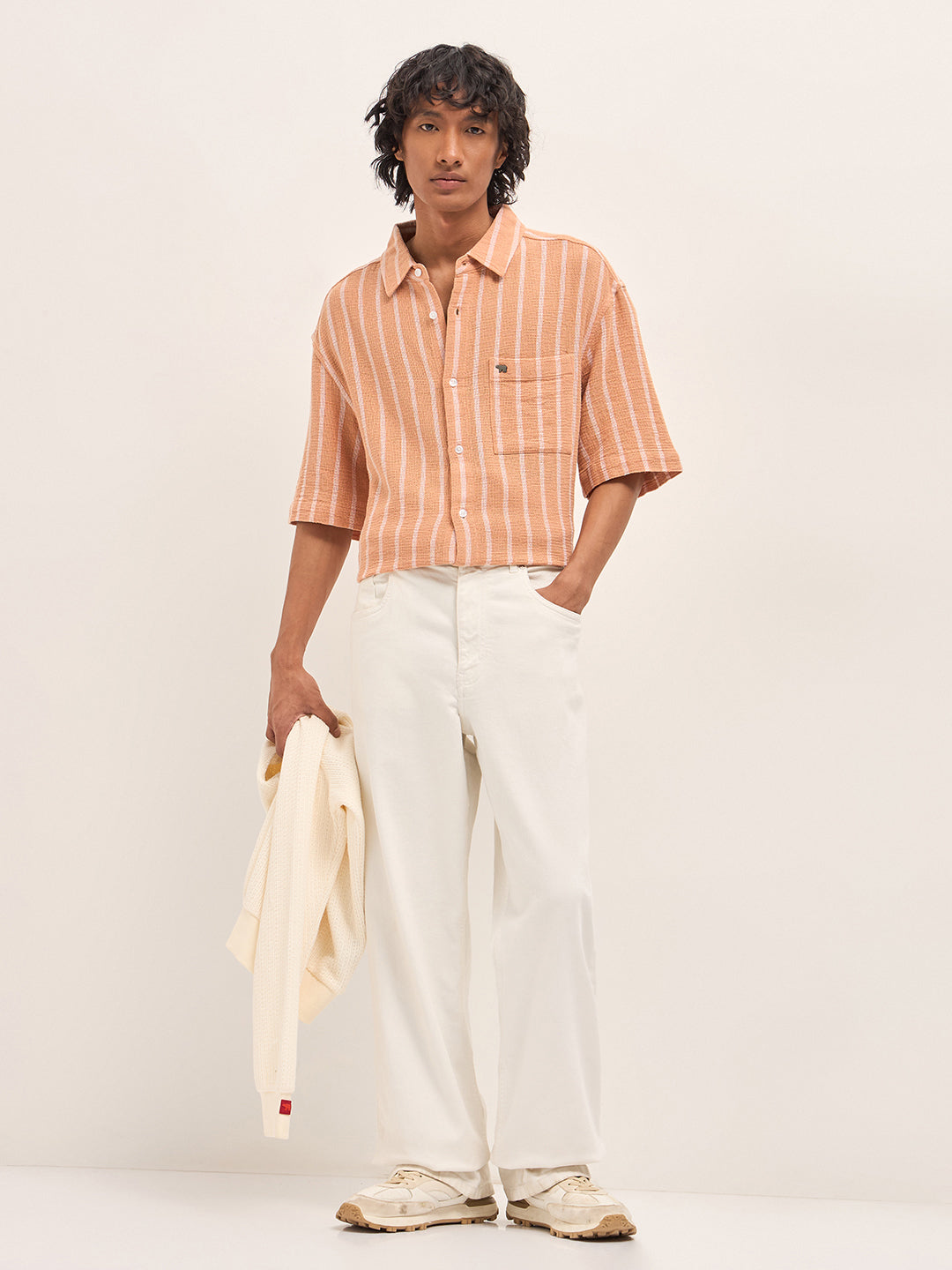 Men Peach Vertical Textured Woven Stripe Relaxed Fit Casual Shirt