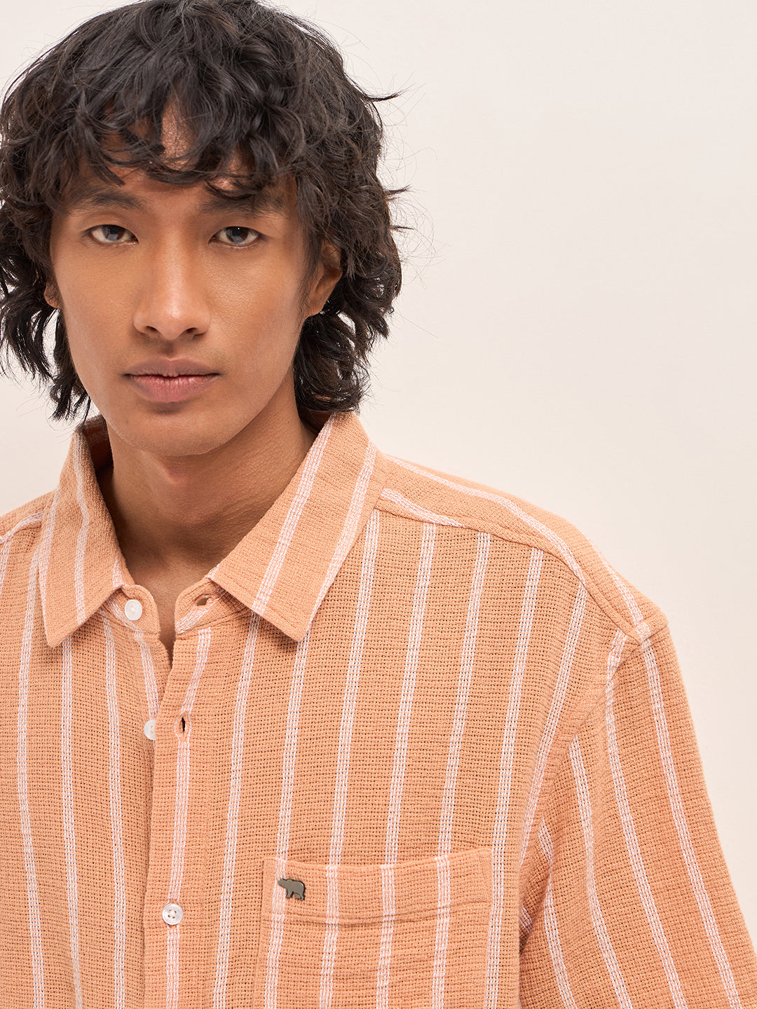 Men Peach Vertical Textured Woven Stripe Relaxed Fit Casual Shirt
