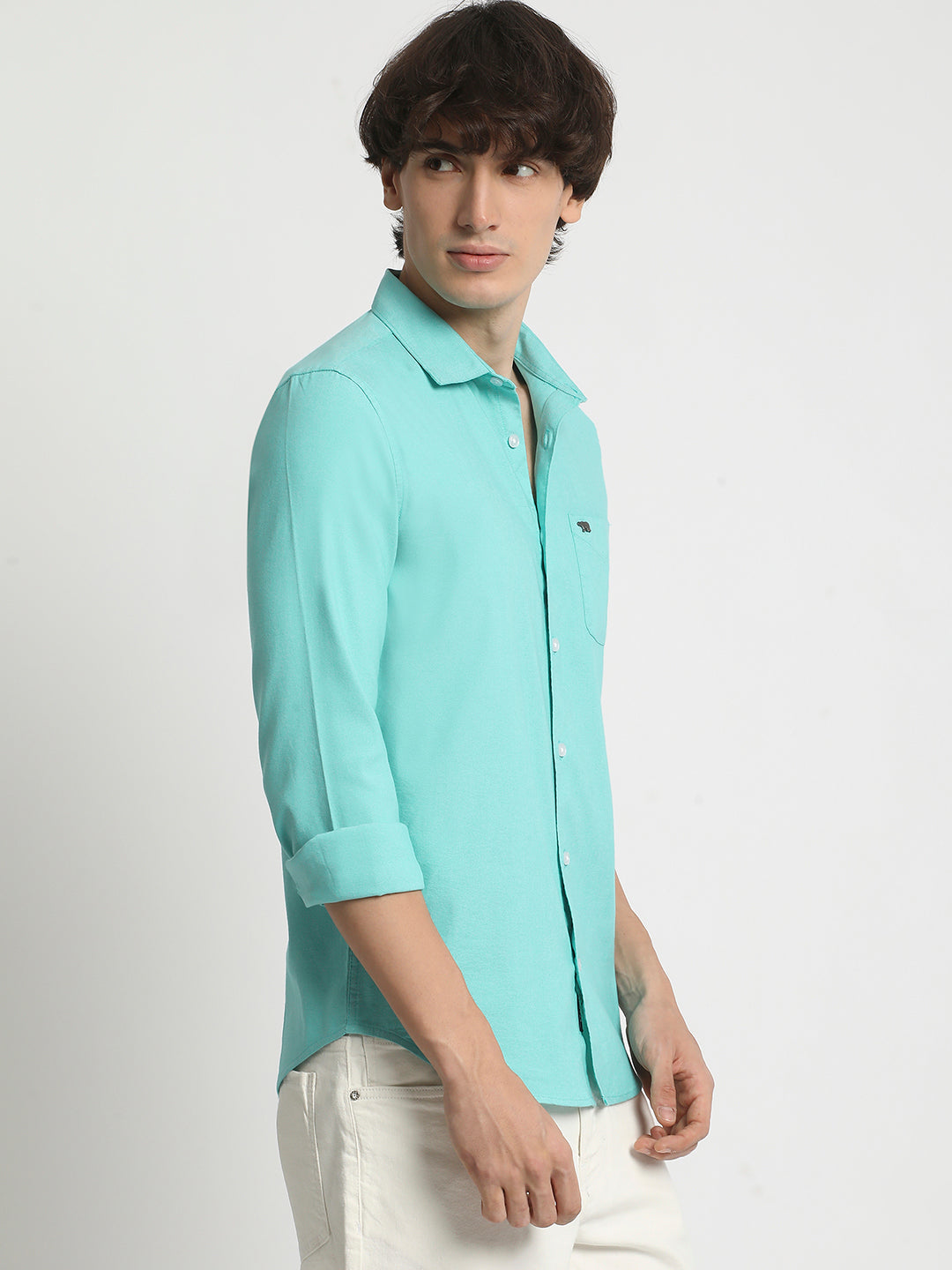 Men  Green Solid Spread Collar Shirt