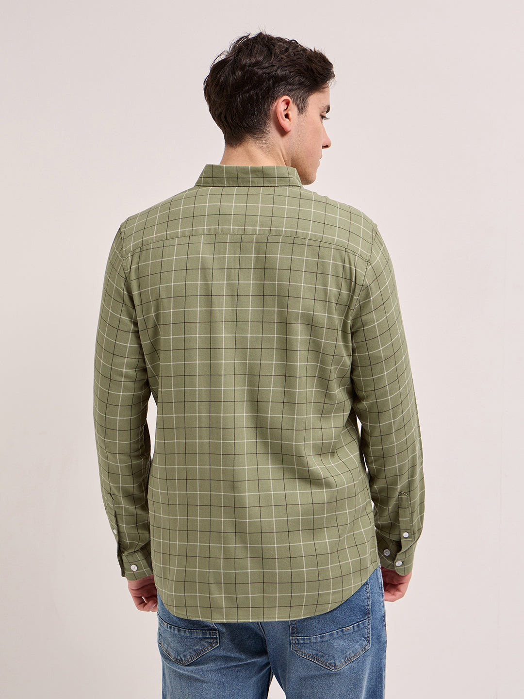 Men Green Checked Slim Fit Casual Shirt