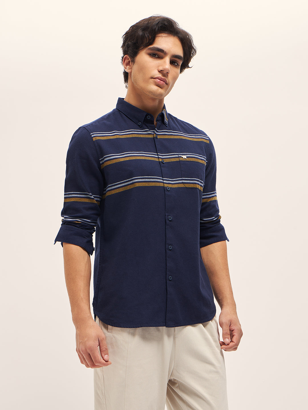 Men Navy Stripe Slim Fit Casual Shirt