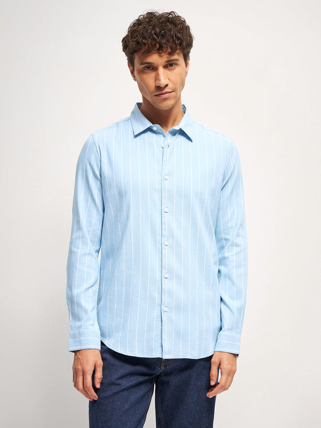 Men Light Blue Stripe Slim Fit Casual Shirt