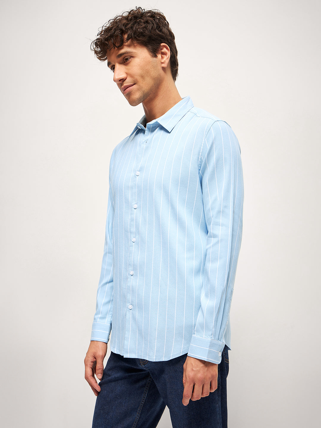 Men Light Blue Stripe Slim Fit Casual Shirt