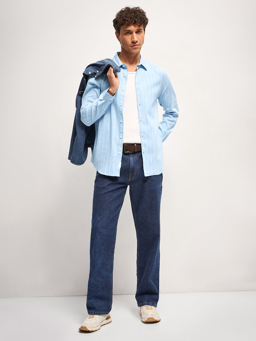 Men Light Blue Stripe Slim Fit Casual Shirt