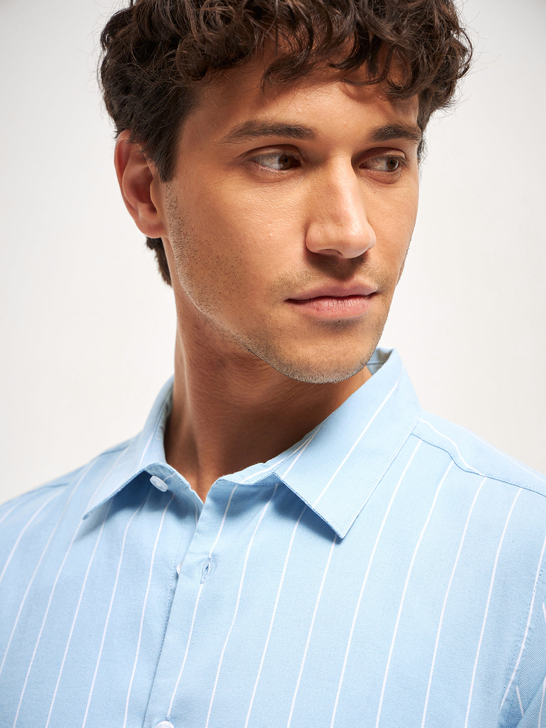 Men Light Blue Stripe Slim Fit Casual Shirt