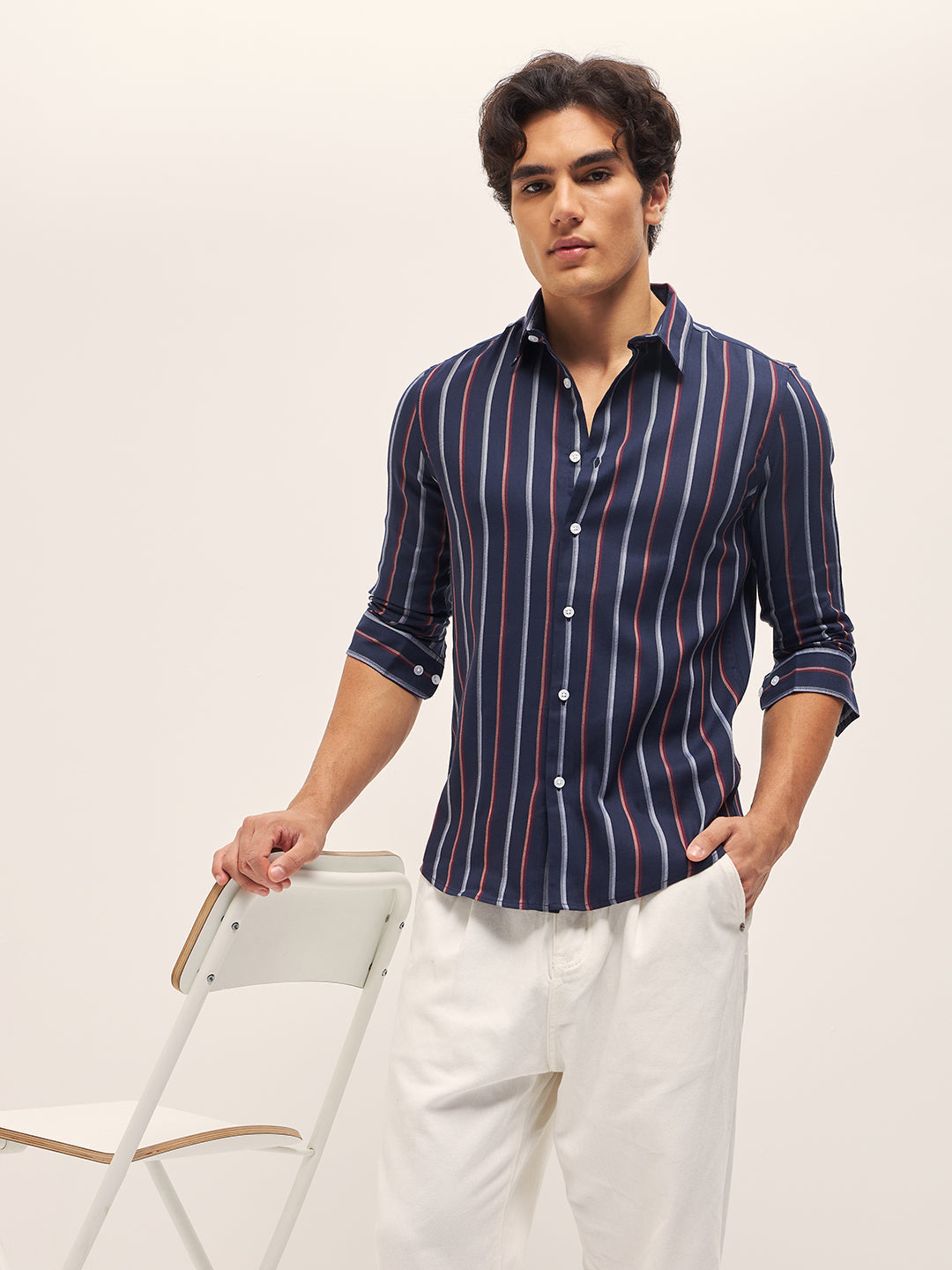 Men Blue Stripes Slim Fit Casual Shirt